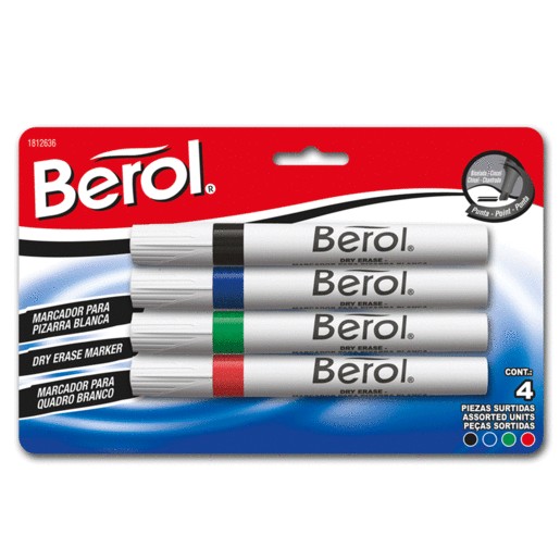 MARCADOR BEROL PARA PIZARRON BLANCO SURTIDO 4 PIEZ