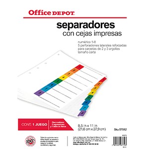 SEPARADORES INDICE OFFICE DEPOT 8 DIV NUMERADO