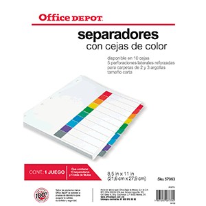 SEPARADORES INDICE OFFICE DEPOT OD 10 D S/NUMERO
