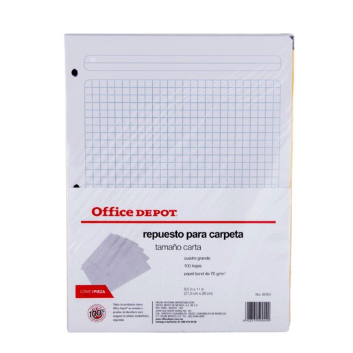 HOJAS P/CARPETA CARTA OFFICE DEPOT 100H CUADRO GDE