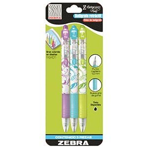 PLUMA ZEBRA RETRACTIL CON GRIP FLORAL 3 PIEZAS